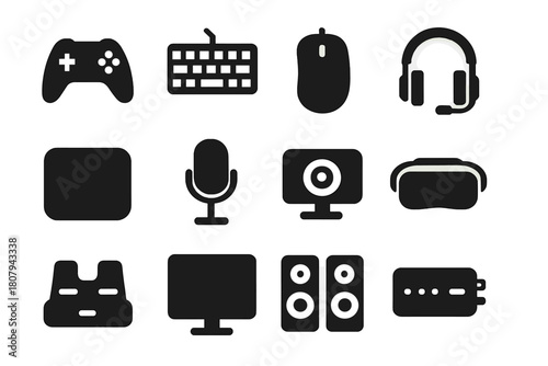 Gaming Icons Collection. Gaming Accessories. Solid icon set of Gaming Accessories: controller, mechanical keyboard, gaming mouse, headset, mousepad,