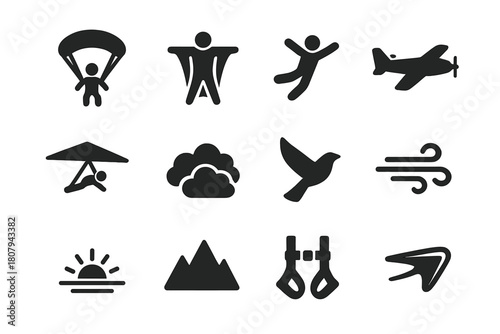 Aerial Adventure Icons. Aerial Adventure. Solid icon set of Aerial Adventure: paraglider, wingsuit, skydiver, airplane, hang glider, clouds, bird silhouette,
