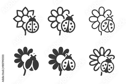 Pollination Icon Set. insects in pollination. Icon set. Set Logo of insects in pollination: ladybug on a daisy. harmonious logo variations of the