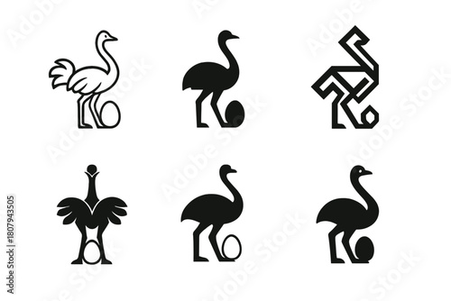 Ostrich Logo Variations. Ostriches. Icon set. Set Logo of ostriches: stylized ostrich silhouette with desert sun. harmonious logo variations of the same