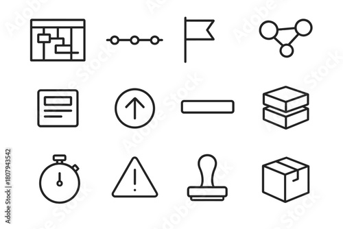 Project Management Icons. Project management and workflows. Line icon set of project management and workflows: Gantt chart, timeline, milestone flag,