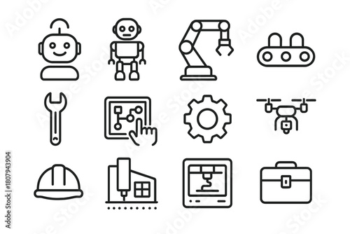 Robotics Icon Set. Robotic workplace. Line icon set of Robotic workplace: AI assistant, humanoid robot, robotic arm, conveyor belt, wrench, tablet control
