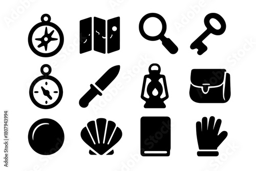 Exploration Icon Set. Exploration instruments. Line icon set of exploration instruments: sextant, telescope, compass, astrolabe, globe, map, chart, ruler,