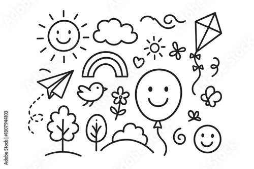 Playful Balloon Doodles. Children?s balloon illustration. Hand-drawn doodle illustration Children?s balloon illustration smiling balloon, sun, cloud, kite,