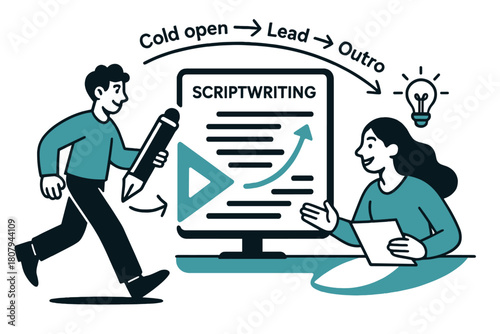 Dynamic Scriptwriting Scene. Scriptwriting & teleprompter. Lines of text march smoothly as a pen icon turns into a play button; ?Cold open > Lead > Outro? arcs