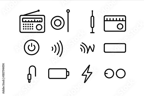 Radio Tuner Icons. Tuner radio. Line icon set of tuner radio: AM/FM radio, speaker, antenna, tuning dial, volume knob, power button, signal waves, display