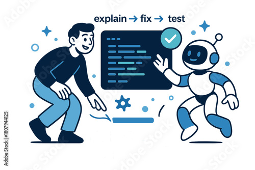 AI Code Optimizer. AI Assistants ? Code Helper. The bot highlights a neat code block while a green check appears; arrows label ?explain > fix > test?. Caption