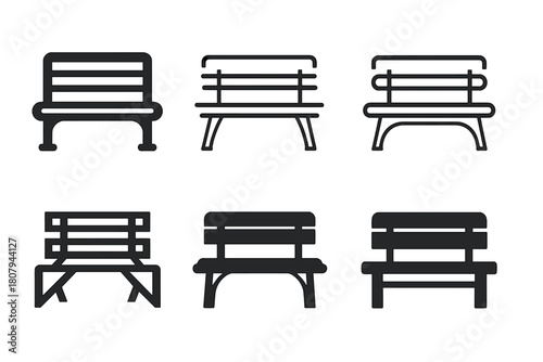 Empty Bench Logos. Empty bench. Icon set. Set Logo of empty bench: street furniture. harmonious logo variations of the same emblematic concept, each with