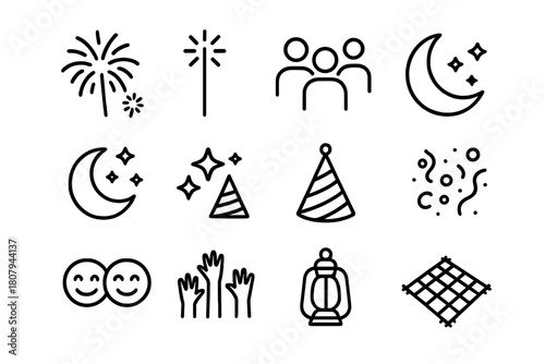 Night Party Icons. Night party fun. Line icon set of Night party fun: fireworks, sparklers, group of people, crescent moon, night sky, stars, party hat,