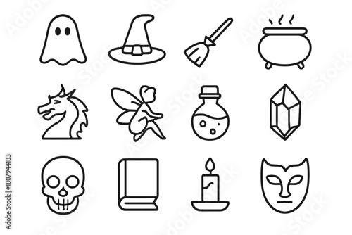 Folklore Icon Set. Folklore and myths. Line icon set of folklore and myths: ghost, witch hat, broom, cauldron, dragon, fairy, potion bottle, crystal, skull,