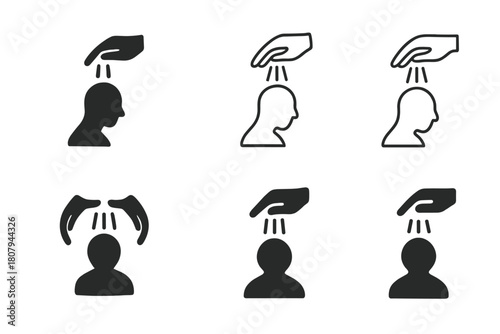 Baptism Icons Collection. The significance of baptism in Christian faith. Icon set. Set Logo of baptism: hands pouring water over a symbolic head. harmonious