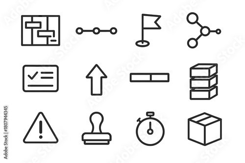 Project Management Icons. Project management and workflows. Line icon set of project management and workflows: Gantt chart, timeline, milestone flag,