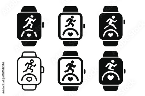 Fitness Tracker Logos. A close-up of a fitness tracker or smartwatch showing workout stats. Icon set. Set Logo of fitness tracker: smart wristband with