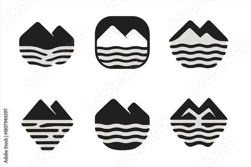 Flooded Valley Logos. Flooded valley. Icon set. Set Logo of flooded valley: house surrounded by rising water. harmonious logo variations of the same emblematic