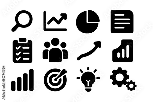Market Research Icons. Market research. Solid icon set of market research: magnifying glass, chart, pie chart, document, checklist, people group, graph arrow,