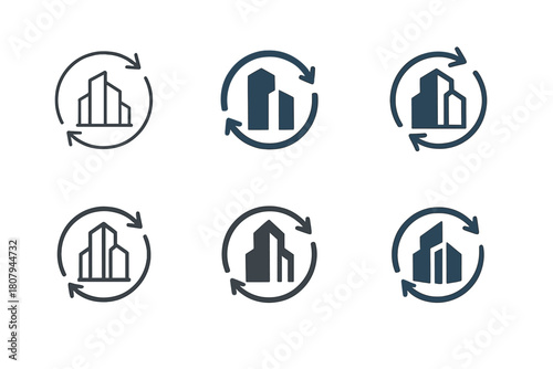 Energy-Efficient Logo Icons. Energy-efficient buildings. Icon set. Set Logo of energy-efficient buildings: architectural outline with circular energy flow.