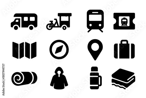 Traveling Buskers Icons. Traveling Buskers. Solid icon set of Traveling Buskers: camper van, bicycle cart, subway train, tram ticket, map, compass, street pin,
