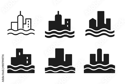 Flooded City Icons. Flooded cities. Icon set. Set Logo of Flooded Cities: skyline partially submerged in water waves. harmonious logo variations of the same