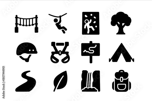Eco Adventure Icons. Eco adventure park. Solid icon set of Eco adventure park: rope bridge, zipline, climbing wall, tree canopy, helmet, harness, map sign,