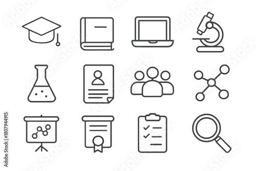 University Research Icons. University research. Line icon set of University research: graduation cap, book, laptop, microscope, laboratory flask, research