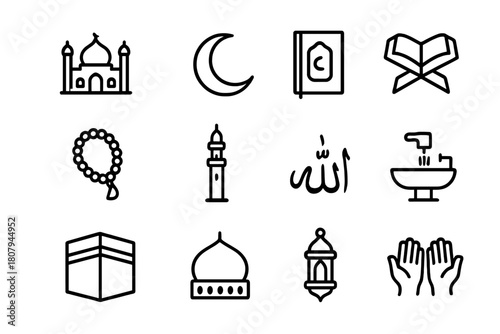 Islamic Rituals Icons. Islam rituals. Line icon set of Islam rituals: mosque, crescent moon, prayer mat, Quran, prayer beads, minaret, calligraphy, ablution