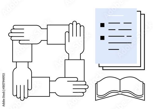Hands forming a square symbolize teamwork alongside organized documents and an open book for learning and shared goals. Ideal for teamwork, collaboration, education, documentation, learning