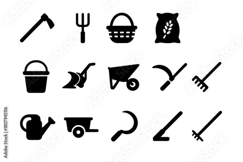 Farming Tools Icons. Farming Tools. Solid icon set of Farming Tools: hoe, pitchfork, basket, sack of grain, bucket, plow, wheelbarrow, scythe, watering can,