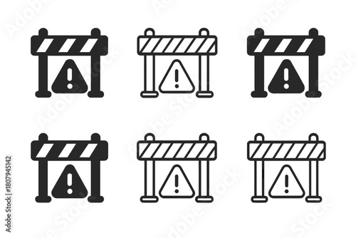 Quarantine Icons Grid. Restrictions. Icon set. Set Logo of Quarantine: Barrier with warning sign. Abstract geometric, Filled silhouette, Flat solid, Minimal