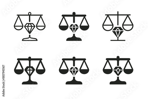 Ethical Jewelry Logos. Ethical jewelry design. Set Logo of Ethical jewelry design: gemstone in balanced scales. harmonious logo variations of the