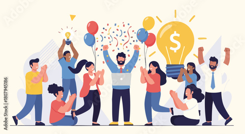 Successful Business Team Celebrating Big Idea Success and Financial Achievement with Light Bulb, Balloons, and Confetti