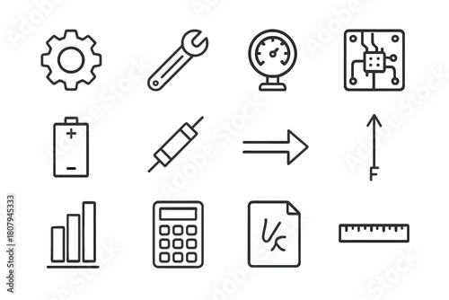 Engineering Icon Set. Engineering formulas. Line icon set of engineering formulas: gear, torque wrench, pressure gauge, circuit board, battery, resistor, flow