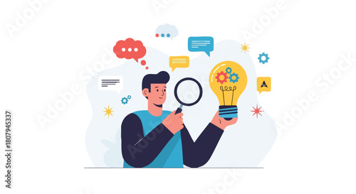 Man Analyzing a Complex Business Idea Light Bulb with Gears and Magnifying Glass While Thinking and Communicating