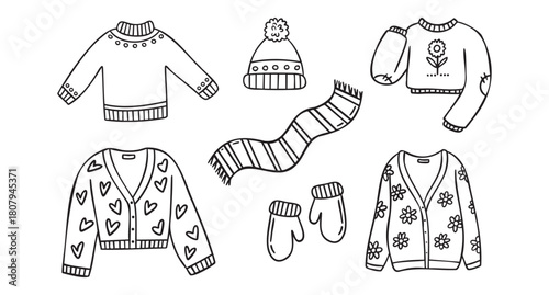 Cozy autumn doodle set of autumn clothing hat mittens scarf cardigans sweaters, line art monochrome hand drawn outline