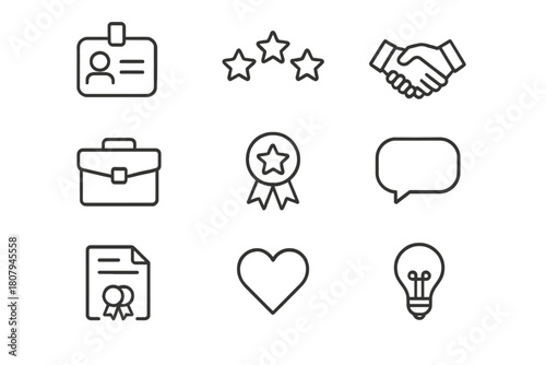 Professional Icons Grid. Professional reputation. Line icon set of professional reputation: profile badge, stars, handshake, briefcase, ribbon, speech bubble,