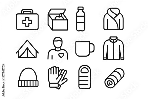 Emergency Essentials Icons. Emergency assistance. Line icon set of emergency assistance: first aid kit, food box, water bottle, blanket, shelter, volunteer,