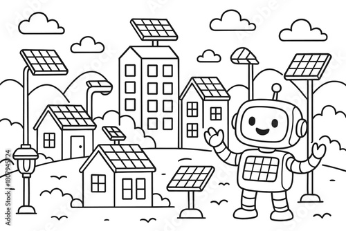 Solar City Coloring Page. Future of solar energy children?s coloring book illustration, outlined drawing, a happy city skyline with solar panels on rooftops,