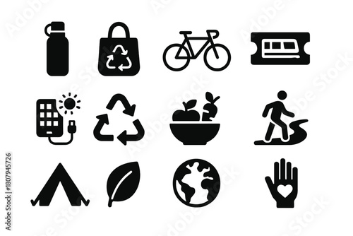 Sustainable Travel Icons. Sustainable travel. Solid icon set of Sustainable travel: bicycle, reusable bottle, backpack, globe, tree, leaf, solar panel, tent,
