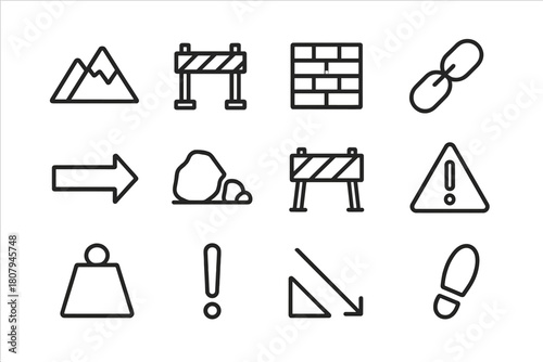 Obstacle Icon Set. Obstacles. Line icon set of Obstacles: mountain, barrier, wall, chain, arrow blocked, rock, roadblock, warning sign, weight, exclamation