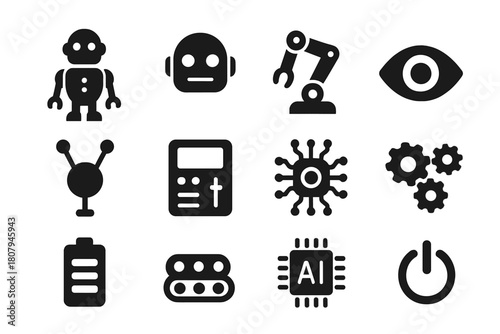 Robot Icon Set. Robot. Solid icon set of Robot: humanoid robot, robot head, robotic arm, sensor eye, antenna, control panel, circuit core, gear mechanism,