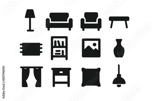 Minimal Interior Icons. Minimal Interiors. Solid icon set of Minimal Interiors: floor lamp, sofa, armchair, coffee table, rug, bookshelf, wall art, vase,