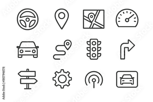 Car Navigation Icons. Car navigation interface. Line icon set of Car navigation interface: steering wheel, GPS pin, map, speedometer, car, route line, traffic