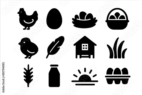 Organic Poultry Icons. Organic Poultry. Solid icon set of Organic Poultry: hen, egg, nest, basket, chick, feathers, coop, grass, wheat stalk, milk bottle,