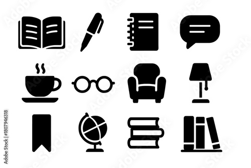 Literary Icons Set. Literary Relaxation. Line icon set of Literary Relaxation: open book, coffee cup, tree, lamp, glasses, chair, leaf, clock, cloud, candle,