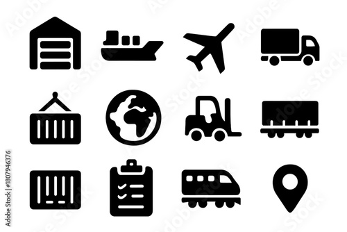 Supply Chain Icons. Supply Chain Management. Solid icon set of Supply Chain Management: warehouse, cargo ship, airplane, delivery truck, shipping container,