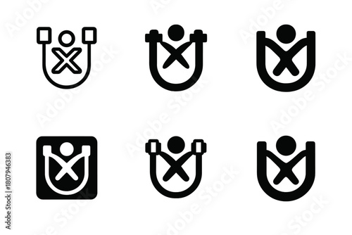 Custom Fitness Logo Set. Personalized fitness equipment. Icon set. Set Logo of personalized fitness equipment: customized resistance band. harmonious logo