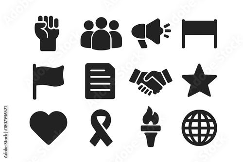 Community Activism Icons. Community activism. Solid icon set of community activism: raised fist, people group, megaphone, banner, flag, document, handshake,