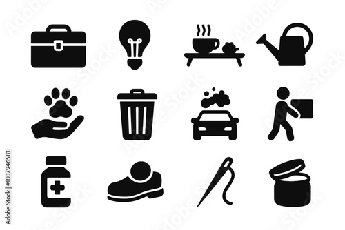Acts of Service Icons. Acts of Service. Solid icon set of Acts of Service: toolbox, light bulb, breakfast tray, plant watering can, pet care paw, trash bin,
