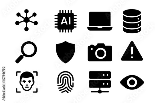 Machine Learning Icons. Machine learning. Solid icon set of machine learning: brain, algorithm, gear, data flow, neural network, laptop, robot, magnifying