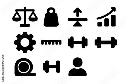 Load Balancing Icons. Load balancing. Solid icon set of Load balancing: scale, weight, platform, balance, arrow, chart, gear, ruler, barbell, dumbbell,
