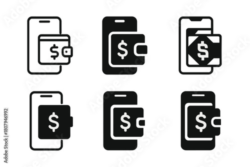 Finance App Logo Set. Managing finances with an app. Icon set. Set Logo of managing finances with an app: wallet and smartphone. harmonious logo variations of